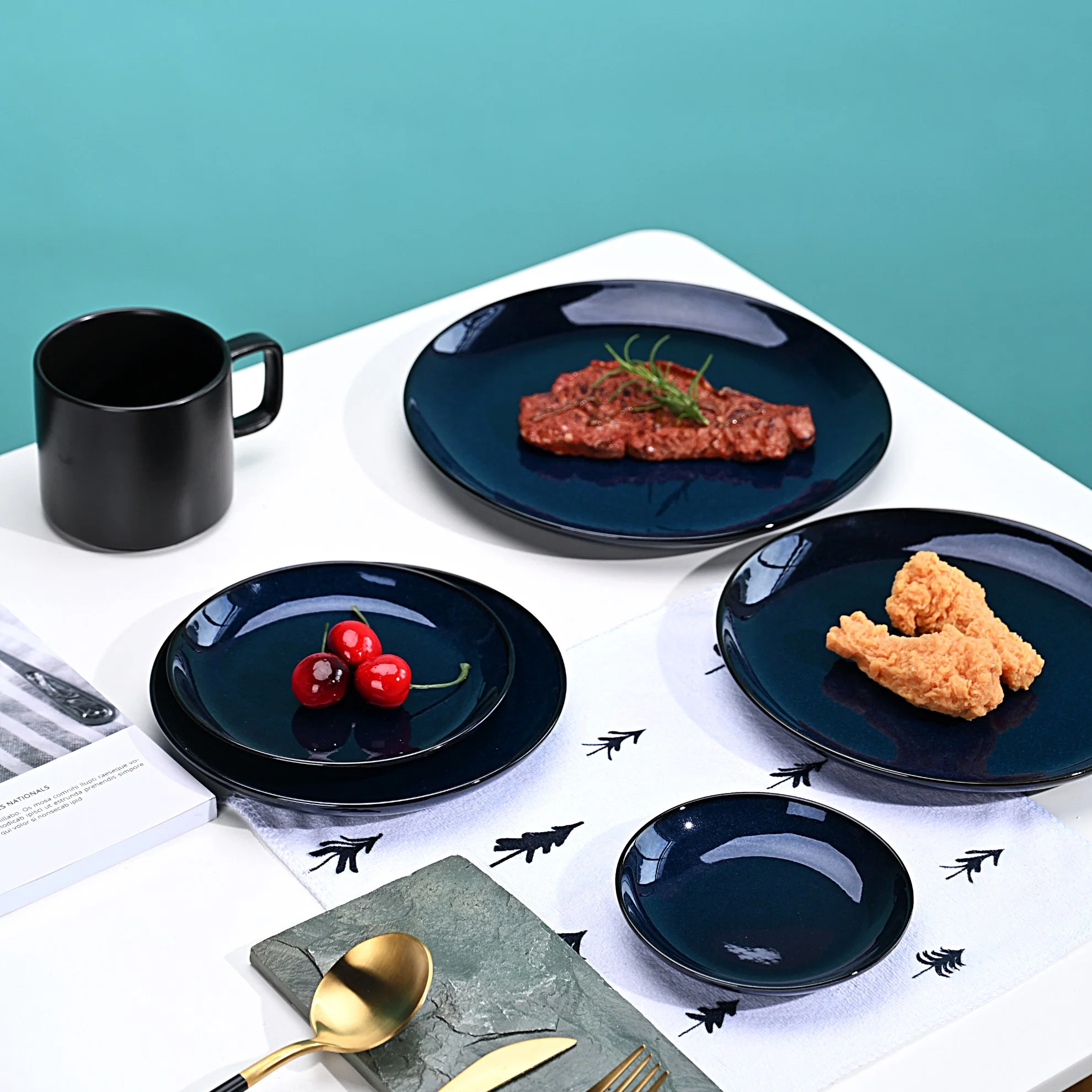 Ceramic Reactive Blue Glazed High quality/High cost performance Temperature Steak Dessert and Dinner Plate for Dinning Room Hotel Home