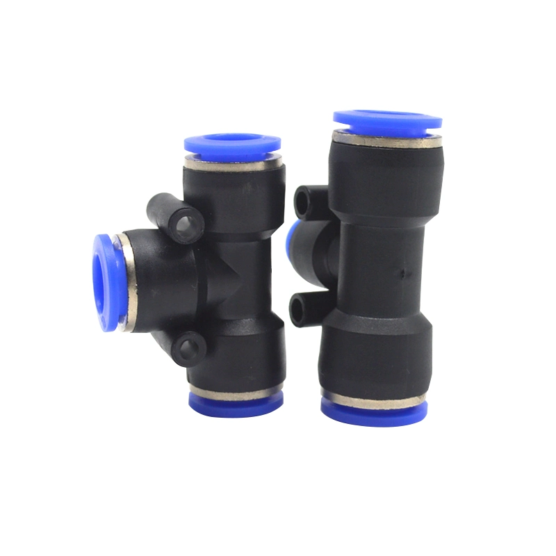 PE T Shape Equal 3 Way Plastic Blue Tube-to-Tube One-Touch Pneumatic Fittings