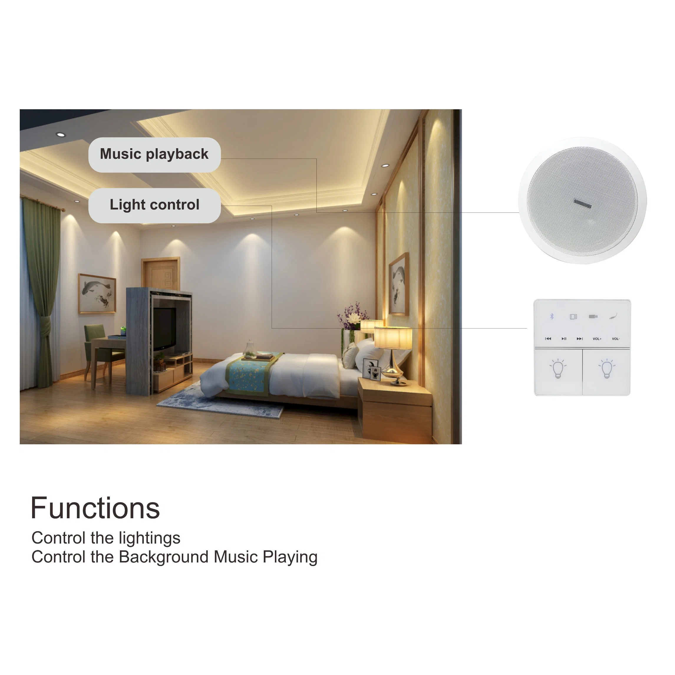 Smart Home Audio System Mini Bluetooth USB in Wall Amplifier 2 Channel 2X25W with Lighting Controls for Home or Small Commercial Area