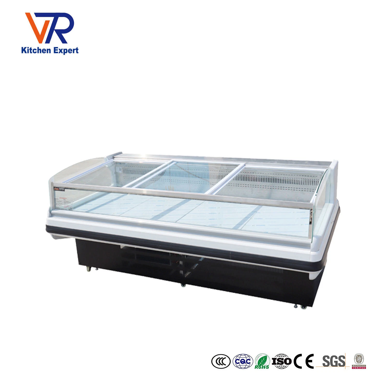 Fábrica de China Qingdao Victory vidrio curvo nevera de exhibición congeladores refrigeradores Display de refrigerador para Butcheries Deli y Supermarket
