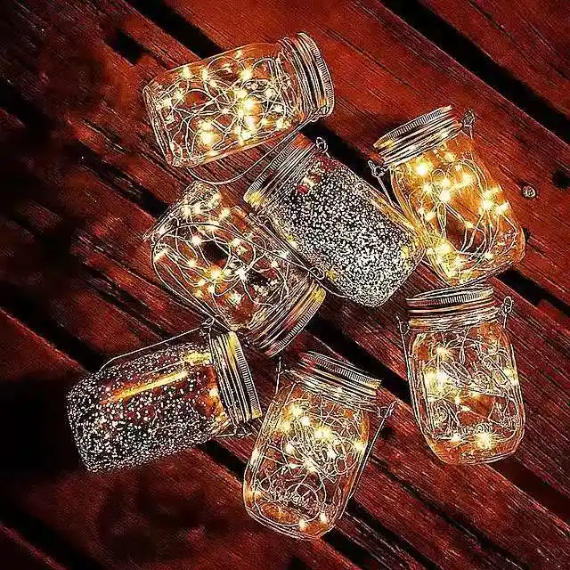 Mason Jar Solar tapa operado Fairy Cadena Luz LED Lámpara de alambre de cobre