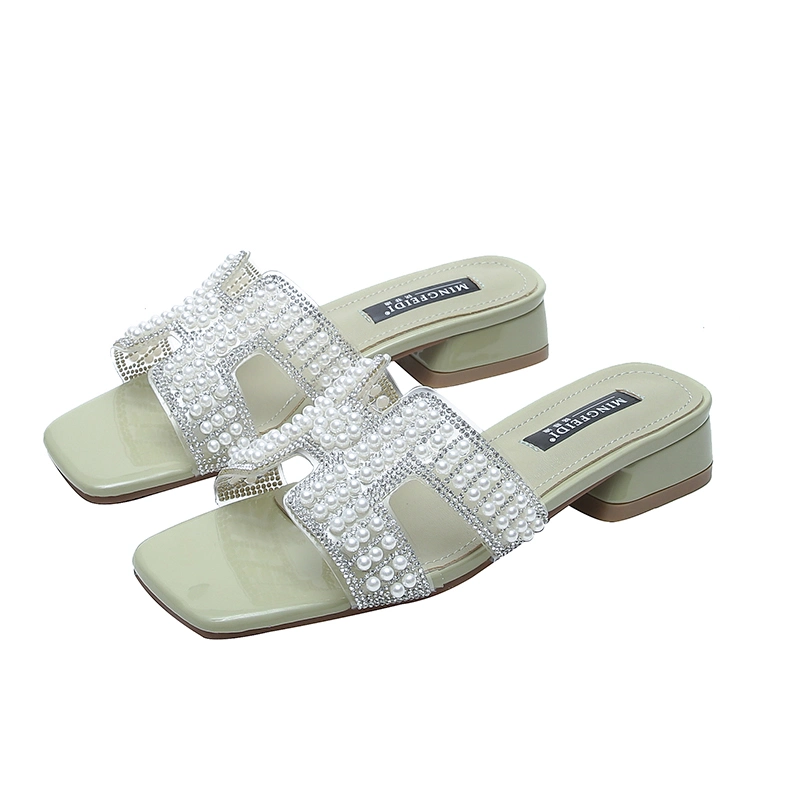 2020 New Arrival Summer Female Slippers Low Heel Fashion Ladies Shoes with Square Head H Rhinestone Design