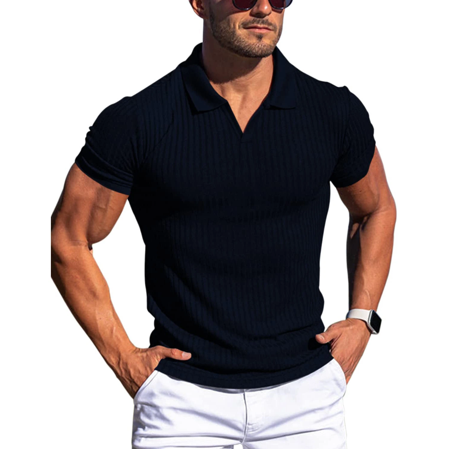 Custom Men Slim Fit High quality/High cost performance  Polo Shirt Custom Made Buttonless V Neck Polo Shirt