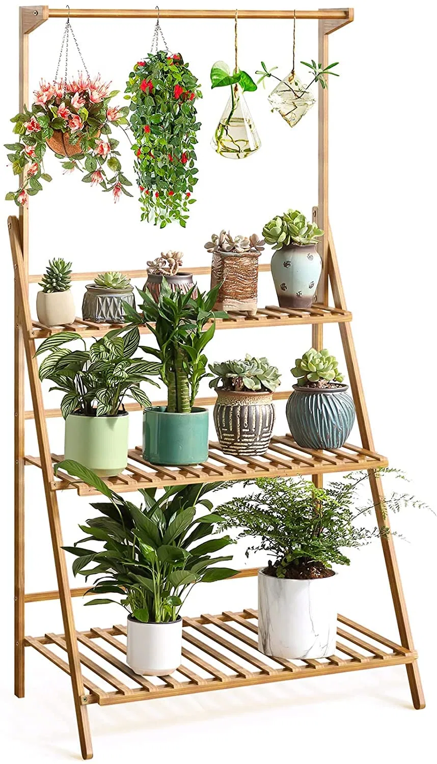 Bamboo Hanging Ladder Plant Shelf Multiple Rack Folding Shelves Plant Stand