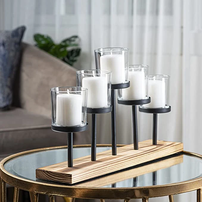 Black Iron Candle Holder with Wooden Base