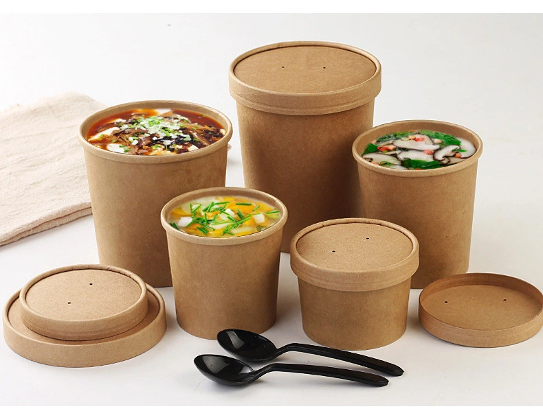 Hiro Eco Friendly Disposable Takeaway Food Container Kraft Paper Noodle Bowls Hot Soup Cup with Paper Flat Lid