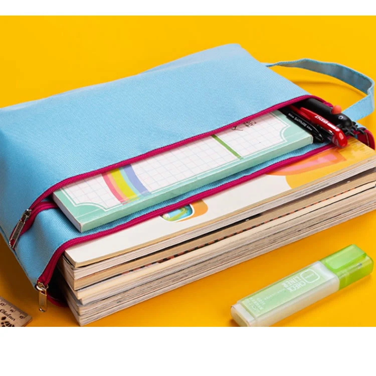 Durable Oxford Student Zipper Pencil Bag Multi-Functional File Pocket Documents Pouch Holder