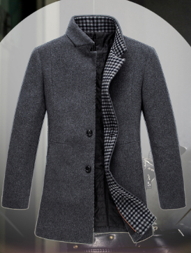 Medium Long Men's Padded Fashion Wool Collar-Stand Coat