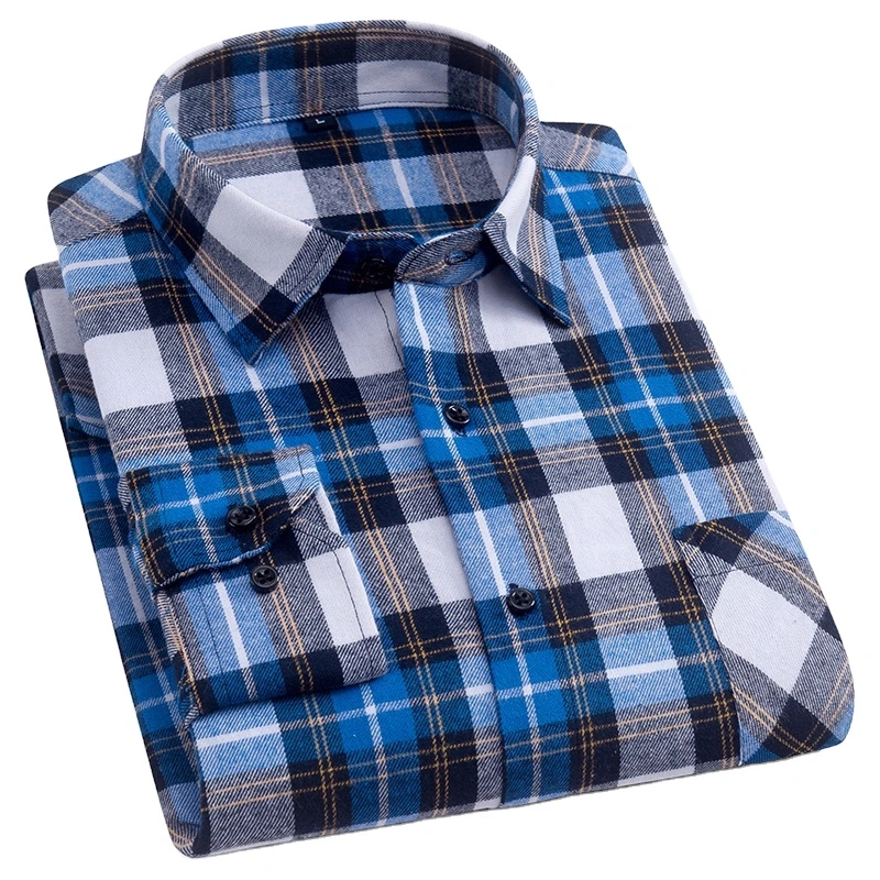 Men Pure Cotton Sanded Fabric Long Sleeve Casual Male Front Pocket Plaid Autumn Winter Classic Checked Shirts