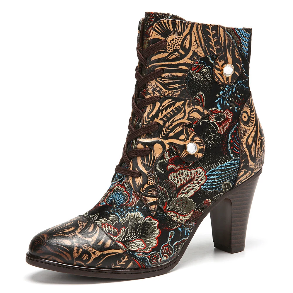 Vintage Floral Printed Cowhide Leather Warm Lined Wearable Short Boots