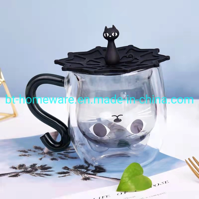 Wholesale/Supplier 350ml 11.5oz Creative Design Glass Black Cat Double Glass Water Milk Mug Thermal Insulation and Anti-Scald for Family Breakfast Cup