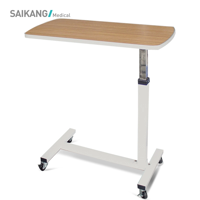 Skh042 Durable Movable Wooden Hospital Furniture Adjustable Medical Overbed Table with Casters