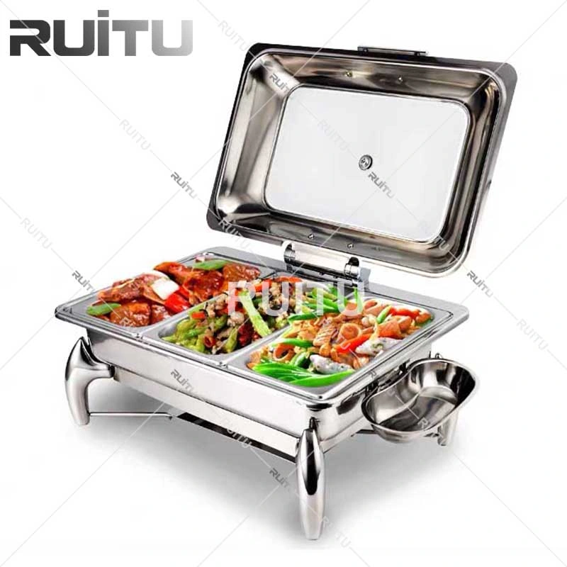 Matériel de cuisine Catering Occasion Buffet plaqué argent Chafers avec couvercle en verre 3 Compartiment du diviseur de plateaux en acier inoxydable alimentaire sous forme de buffet plat de frottement