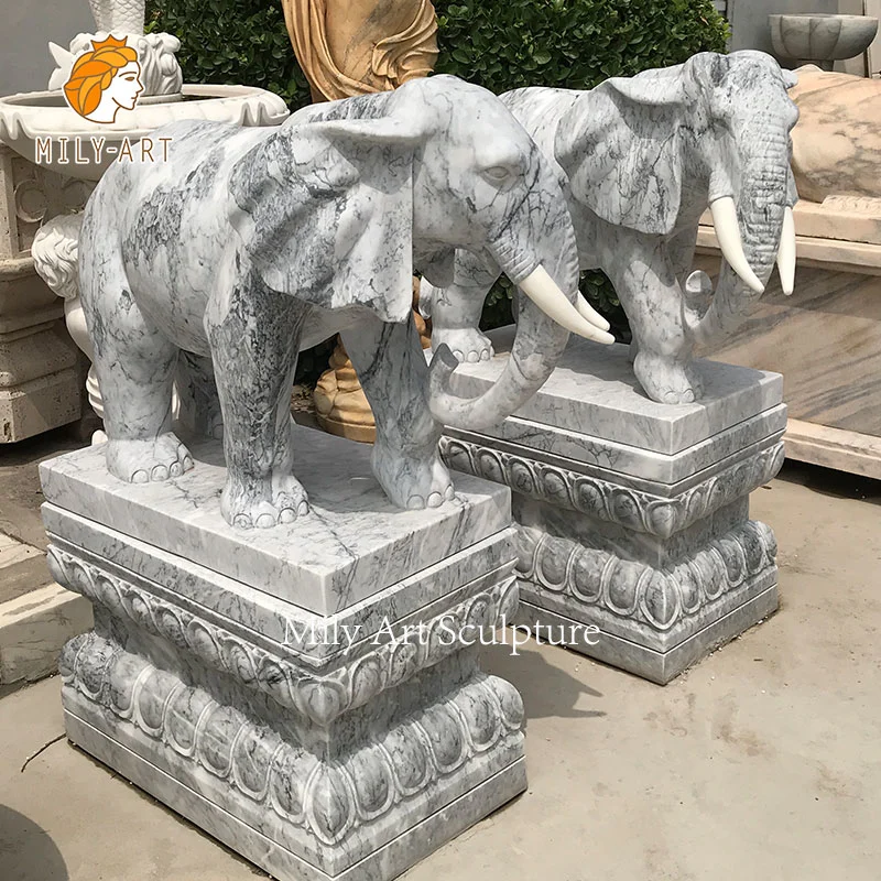 Customized White Marble Elephant Decorated Statues for Sale