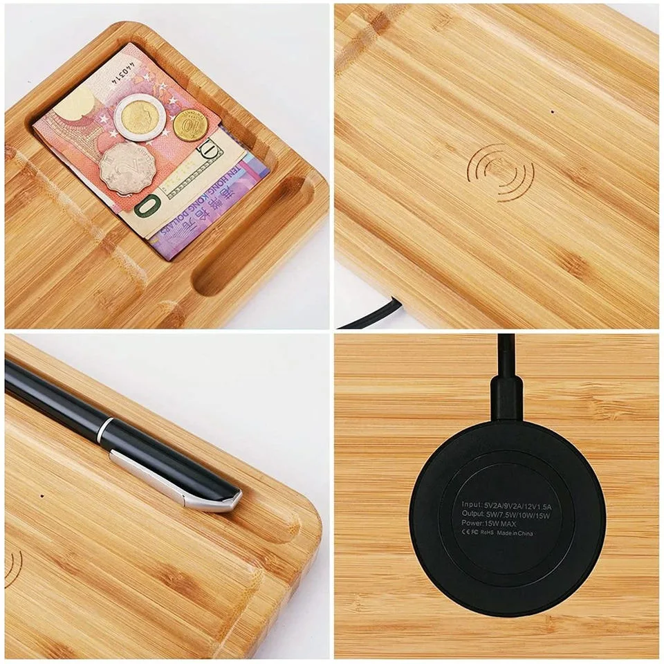 Nouvelle arrivée 2 en 1 multifonction Chargeur de bureau de la table Sans fil Bamboo 5W 10W 15W Tampon de charge sans fil