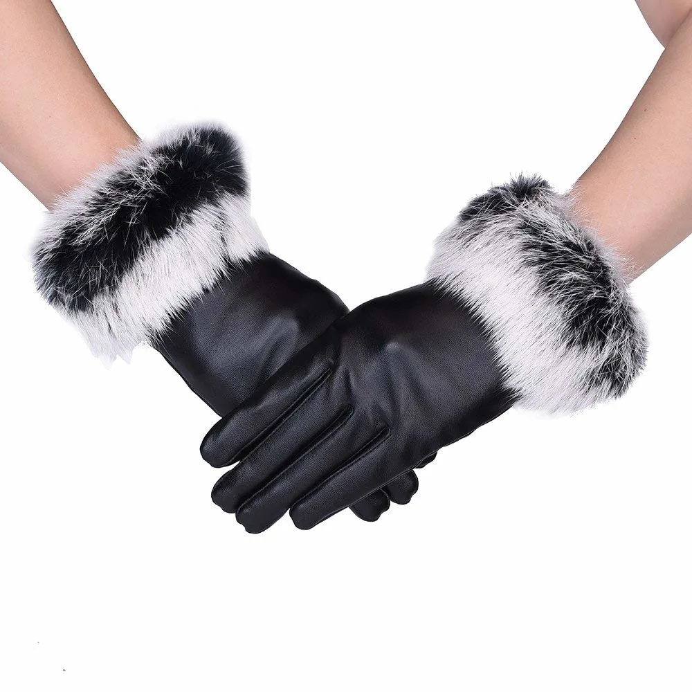 Wholesale/Supplier Custom PU Leather Touchscreen Windproof Waterproof Women Rabbit Fur Gloves