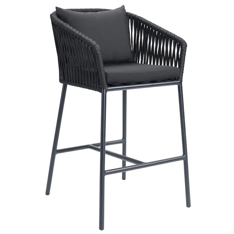 Chaise de bar haute en aluminium tressé avec corde pour mobilier de tabouret de jardin extérieur d'hôtel.