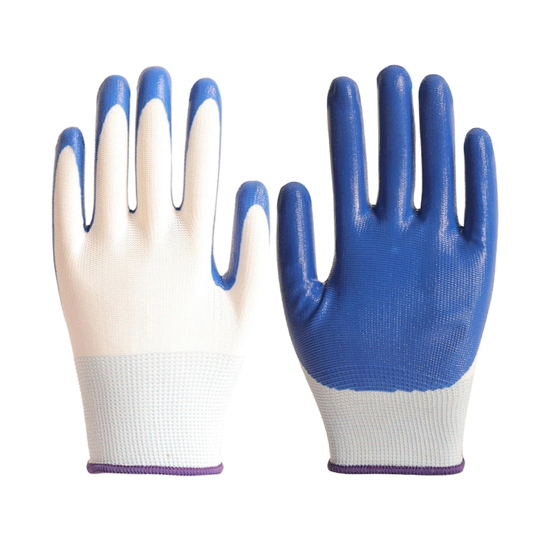 Factory Wholesale/Supplier Blue Nitrile Coated Gardening Safety Grip Gloves White Polyester Nylon Work Gloves