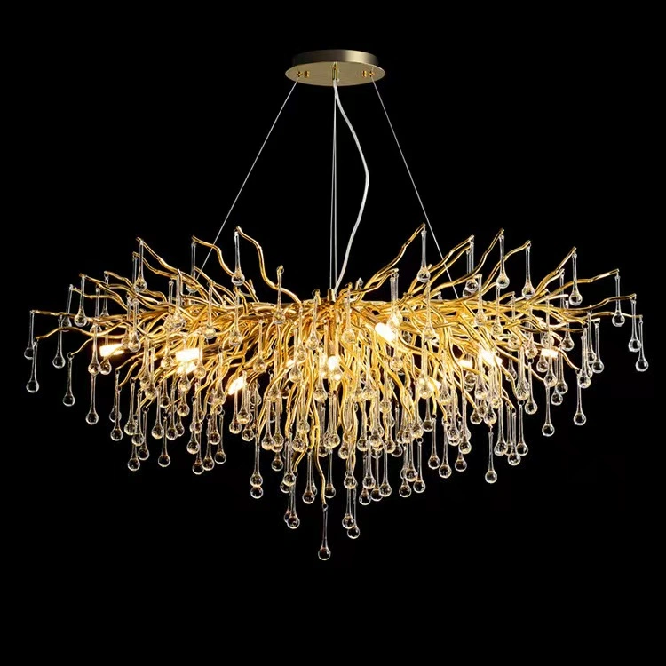 French Gold Luxury Crystal Chandelier Modern Simple Water Drop Lamp Ceiling Lighting.