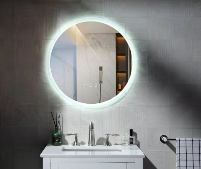 حجم مصنع مخصص صالون بيضاوي مستدير خفيف مرآة الحمام أثاث الفندق مرآة الحمام الذكية LED المزخرف