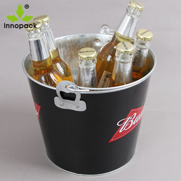 5qt imprimé métalliques personnalisées seau à glace avec l'ouvreur de bière et de la poignée