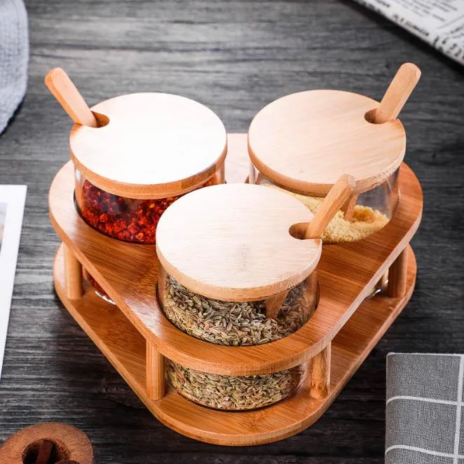 Recipiente condimentos recipiente tempero caixa POTS 3 PÇS Spice vidro jarros set Com tampa e base de colher de bambu