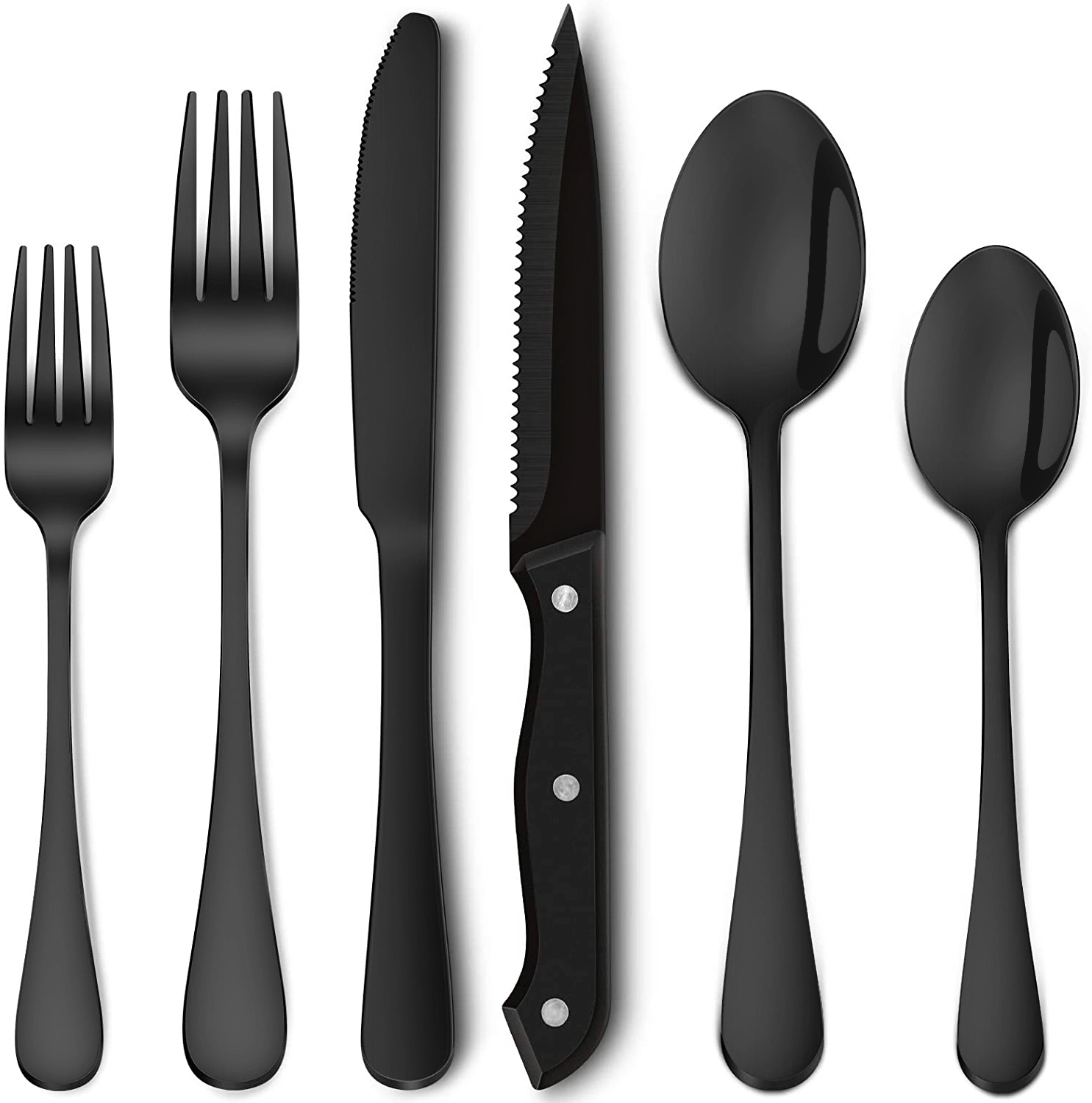 Modern Eating Utensils Tableware Stainless Steel Flatware Cutlery Mirror Finish Black Silverware Set with Steak Knives