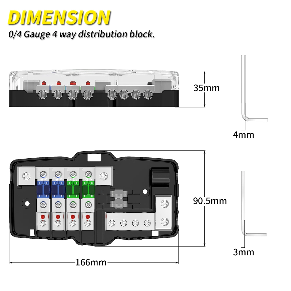 Fused Power Distribution Block Car Audio 4 Way MIDI (Mini-ANL) Fuse Block 12V 0/4 Gauge with Ground for Auto UTV Boat Stereo AMP