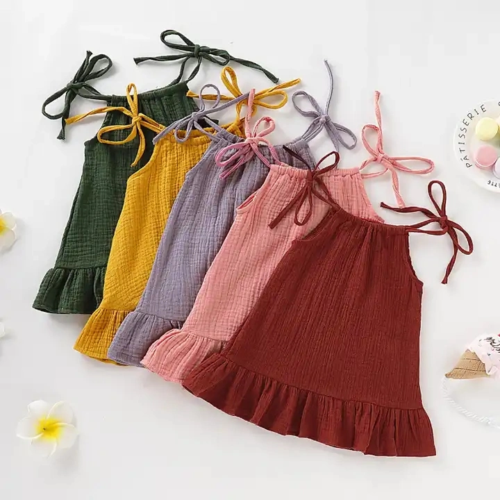 Vestidos de algodón y lino para niños, vestido de tirantes con volantes, moda de ropa para niñas.