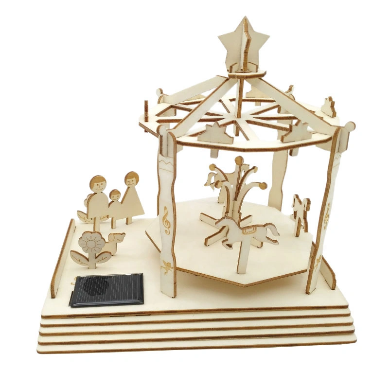 Holzbau Solar Powered Carousel 3D Puzzle Spielplatz Stamm Spielzeug