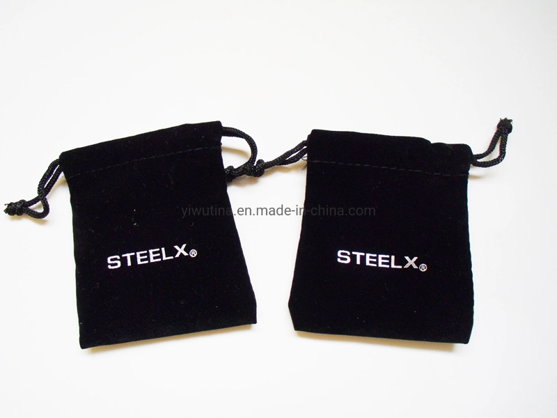 Luxurious Black Velvet Jewelry and Cosmetic Packaging Bag with Hot Foil Silver Logo