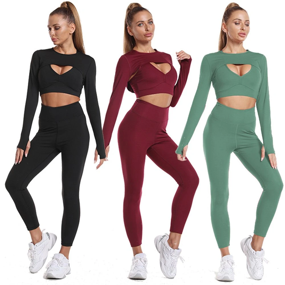 3 piece Set de Yoga Superior de la cosecha de manga larga y cintura alta Scrunch Leggings Seamless Traje de Yoga Deportes