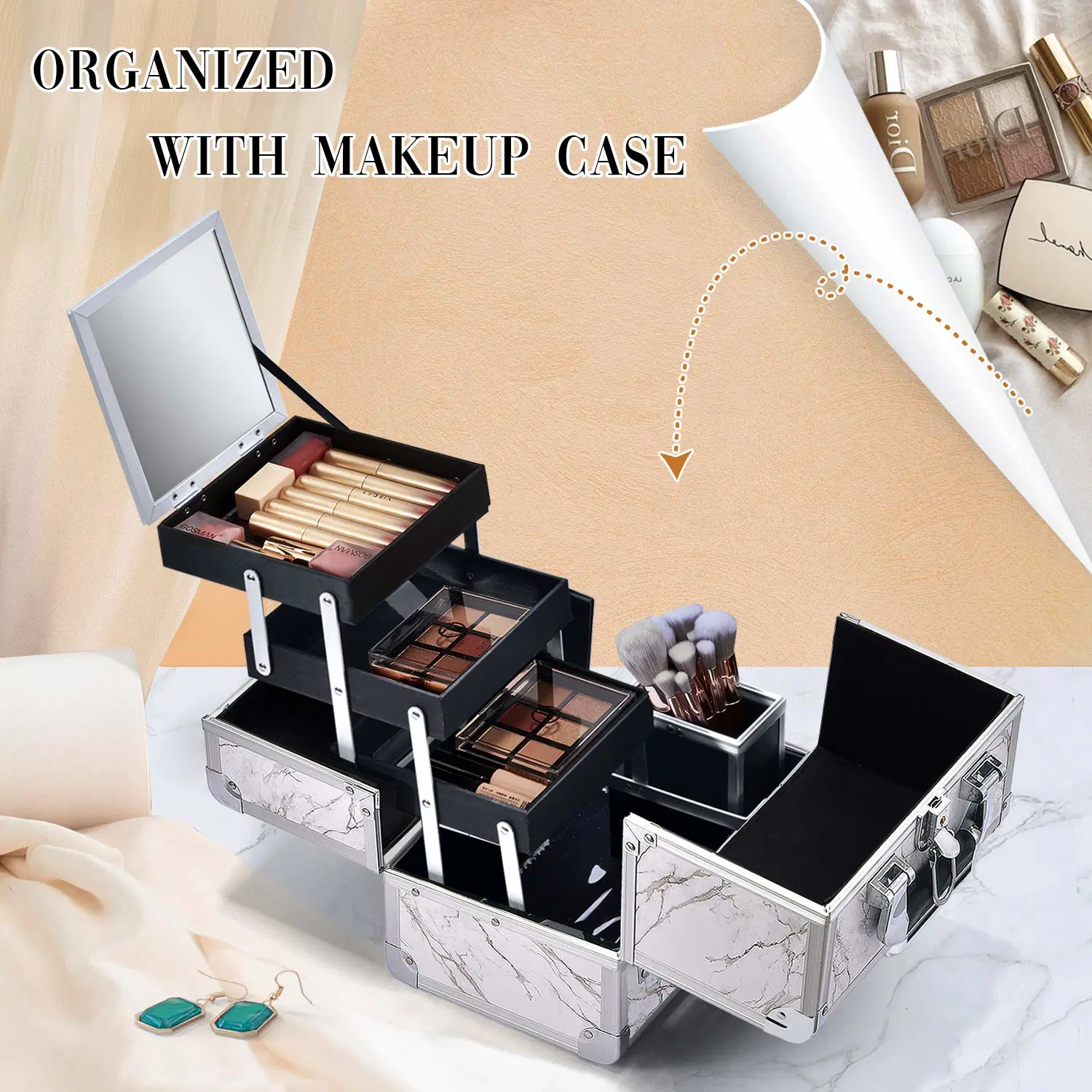 Aluminum Makeup Box with Mirror Train Case Cosmetic Travel Organizer Gift Box