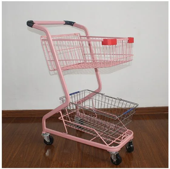 Double-Layer Shopping Trolley Carts Pink Party Shopping Hand Push Carts with Wheels