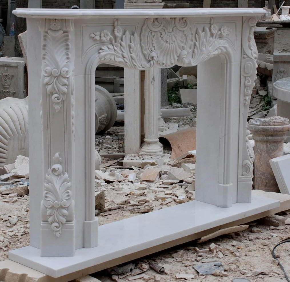 Pure White Antique Style Arts Crafts with Flowers Marble Fireplace (SYMF-1199)