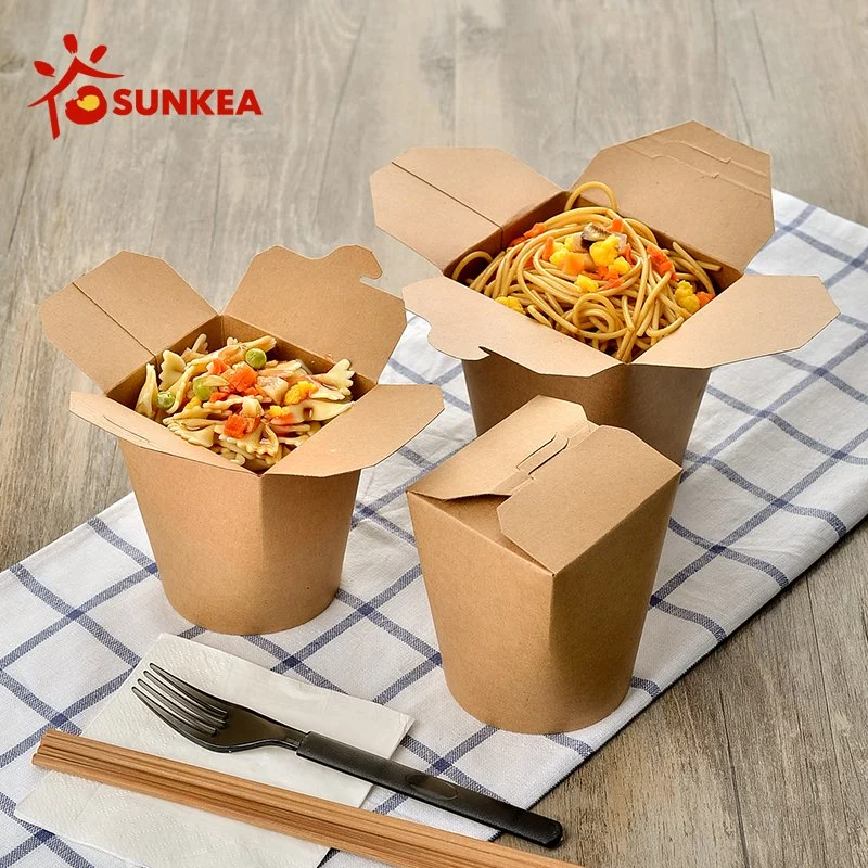 Sunkea Custom Recycle Disposable Container Salad Noodle Fast Food Kraft Paper Box Without Handle Biodegradable Eco-Friendly Packaging Noodle Box