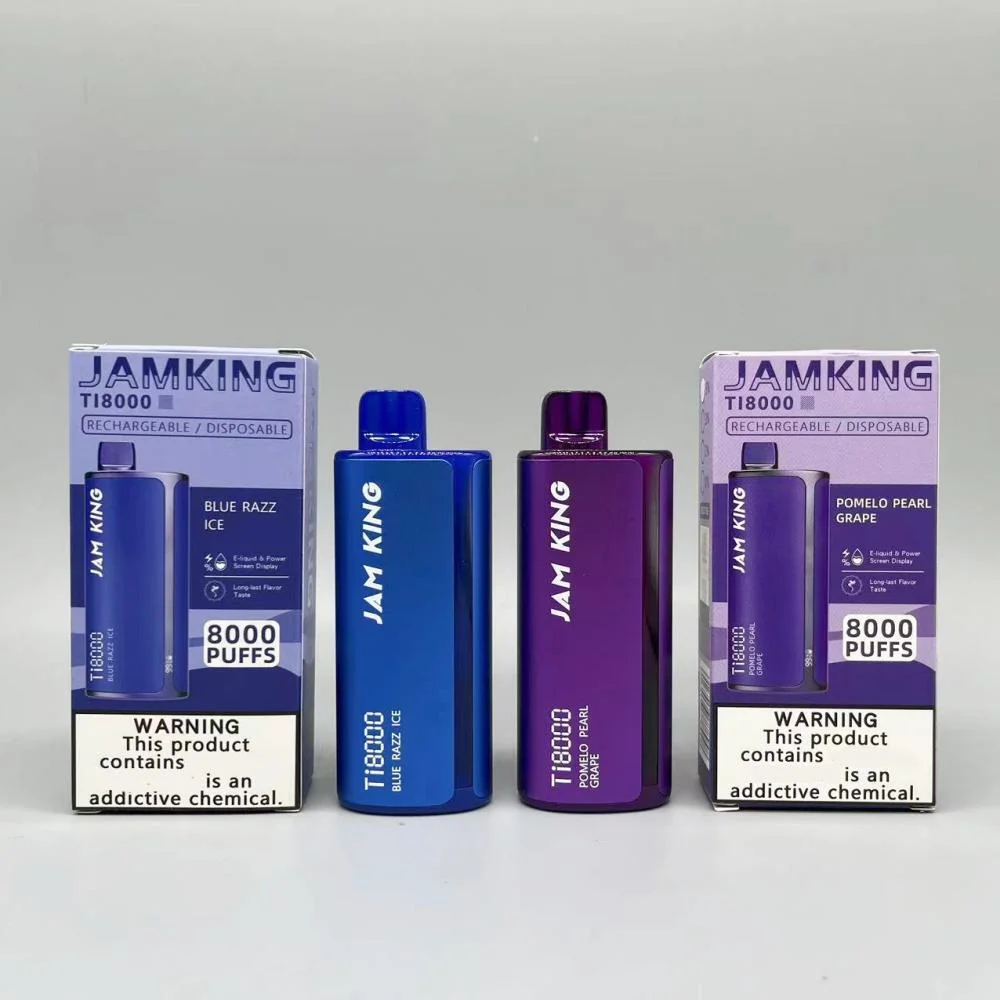 Nouveau Vape Jam King Ti8000 Cigarette électronique avec batterie de 600mAh, capacité de 19ml, 8000 bouffées, 0%, 2% et 5% de nicotine, vapeur rechargeable jetable avec plusieurs saveurs.