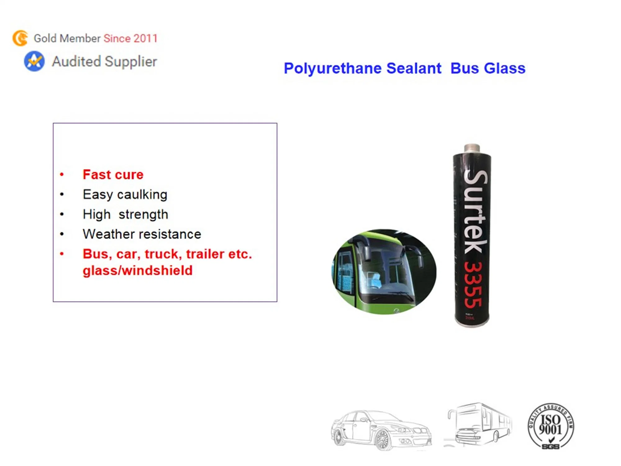 UV Resistance Fast Cure Automotive Glass Replacement Polyurethane Adhesive Sealant (Surtek 3355)