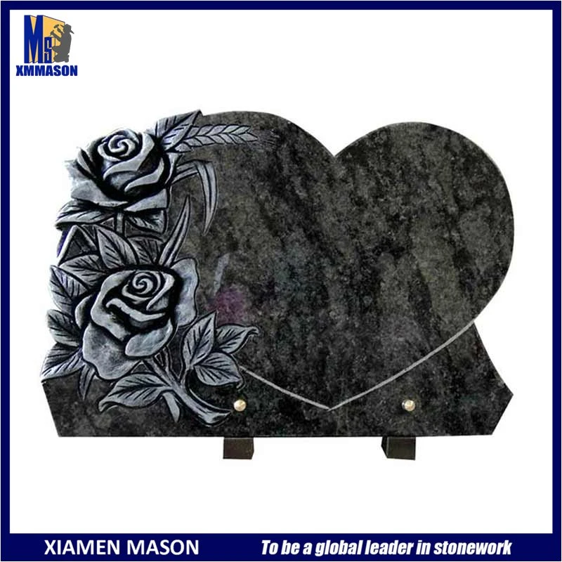 Natural Granite Paper Shape Funeral Plaque with Antique Rose Carvings