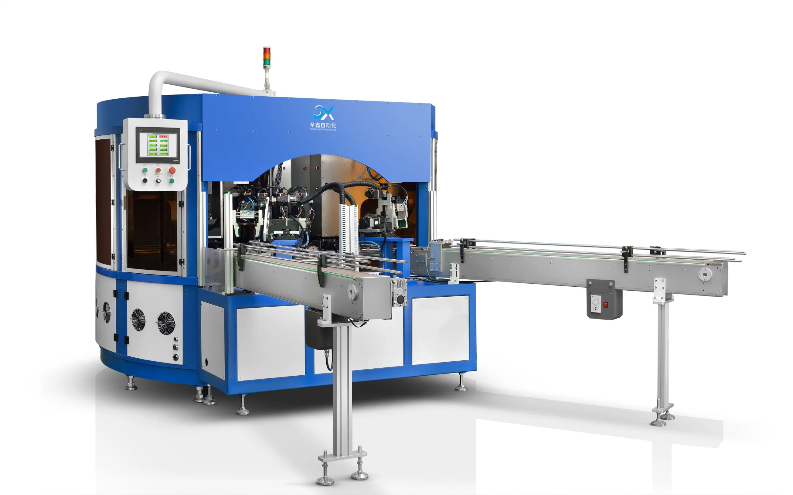 Servo Driven Pad Printing Machine with Automatic Stand-up Infeed and Outfeed System, Heat Air Curing, Pad Print System