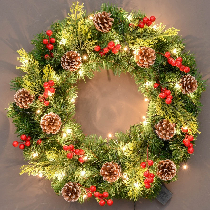 Christmas Ornaments Wreath with Light PE PVC Red Pine Cone Mixed Garlands