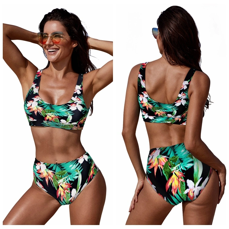 Fast Dry 2 Retro Sexy Bikini Set for Ladies, Floral Print Palm Leaves Two Piece Sports Swimsuit Crop Top Bra with Underwear Bathing Suits Young Girl Bikini