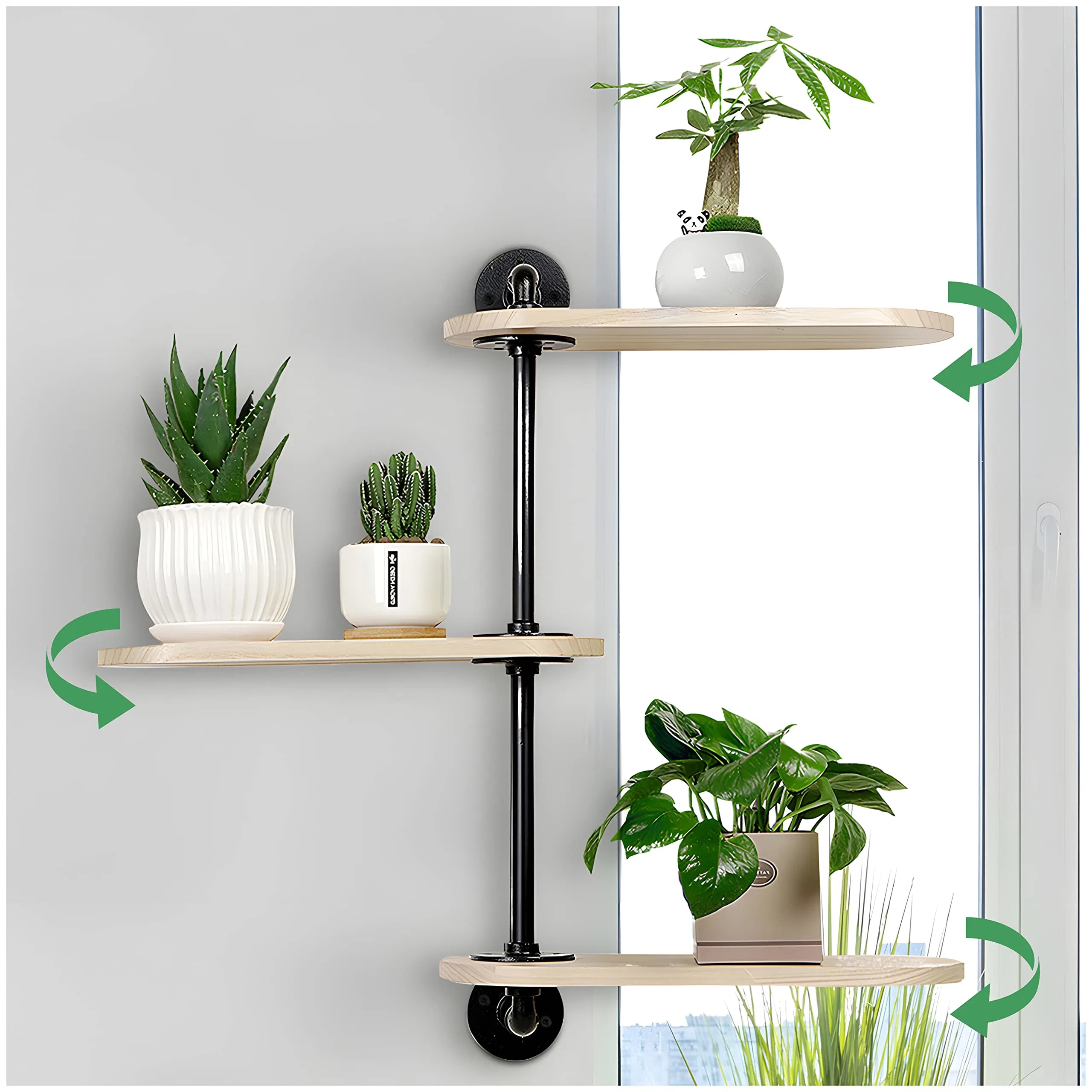 Rotating Window Plant Shelves Light-Exposure Wooden Shelf 3 Tier Stylish Flower Stand