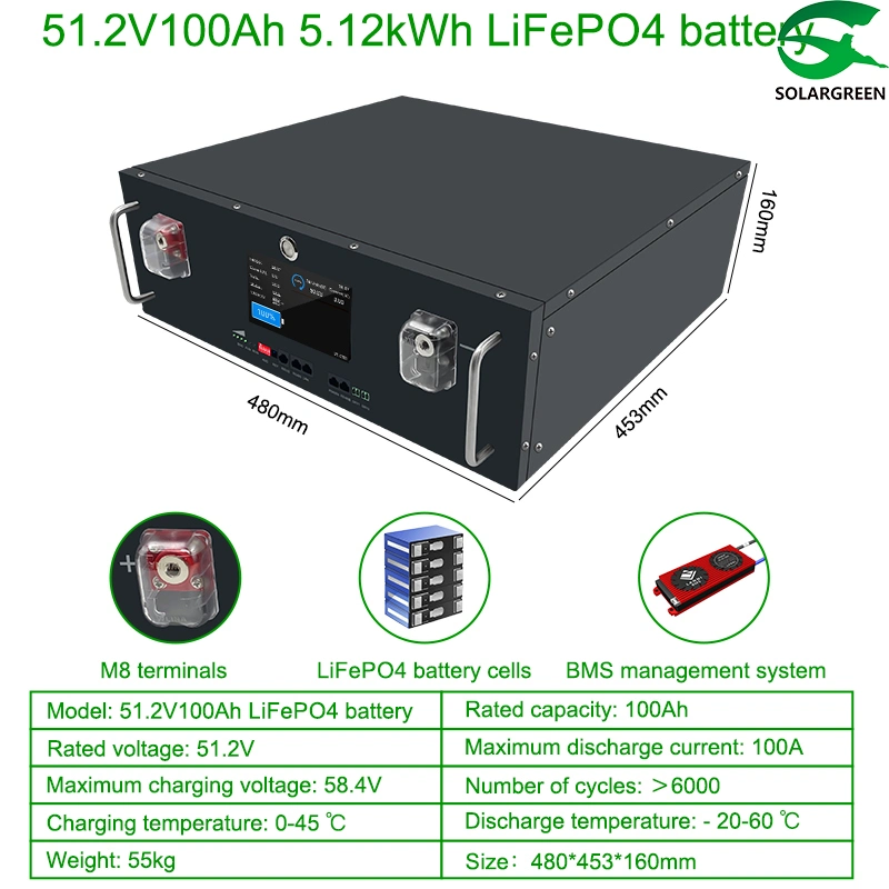 Bloc-batterie lithium LiFePO4 48 V/51,2 V 100 ah 200 a avec BMS pour Système solaire hors réseau