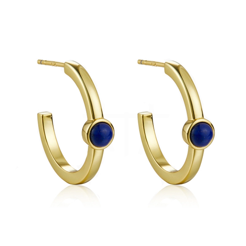 Bisutería joyas de oro pendientes Accesorios Mujer Azul Lapislázuli Gemstone Hoop Earrings al por mayor Joyas de Plata Esterlina