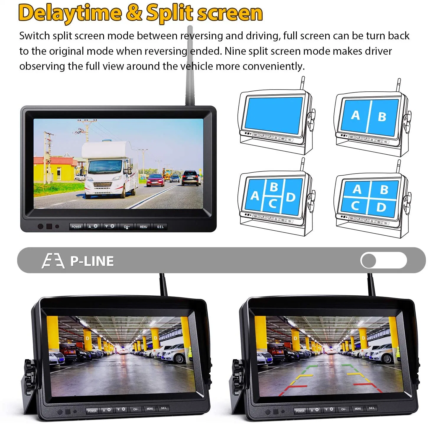 Digital Wireless 9" DVR Quad Monitor with 3X 1080P Wirelesss Backup Camera 12-36V for Trailer