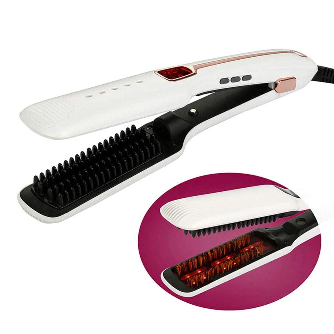 2 en 1 Electric Plancha de pelo natural de la pantalla de cerámica infrarrojos Peine moldeador de rodillos para alisar el cabello cepillo plancha caliente