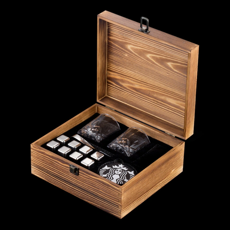 La refrigeración de acero inoxidable Whiskey Cubitos de hielo, piedras y de refrigeración de Metal Cristal Piedra Whiskey Caja de madera Set de regalo