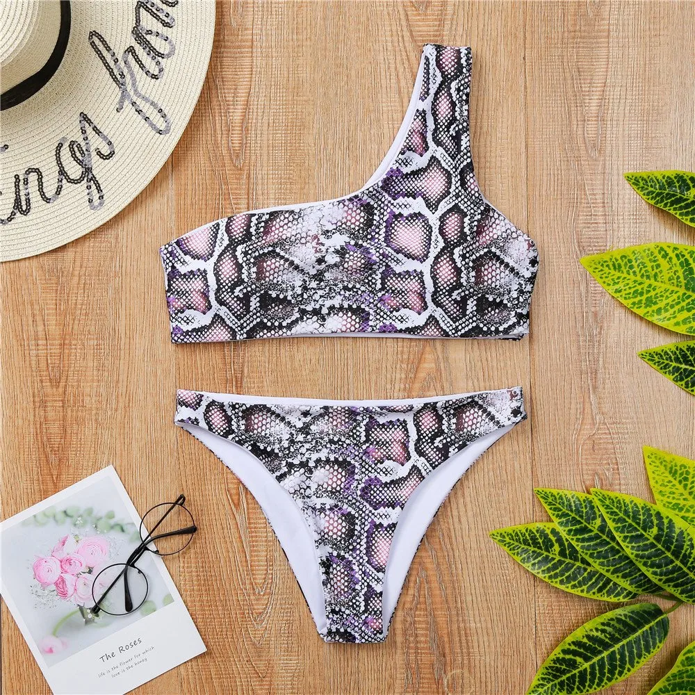 Women Swimwear Snake Shin Full Print One Shoulder Bikini Sets MID Waist Removable Cups Bathing Suits