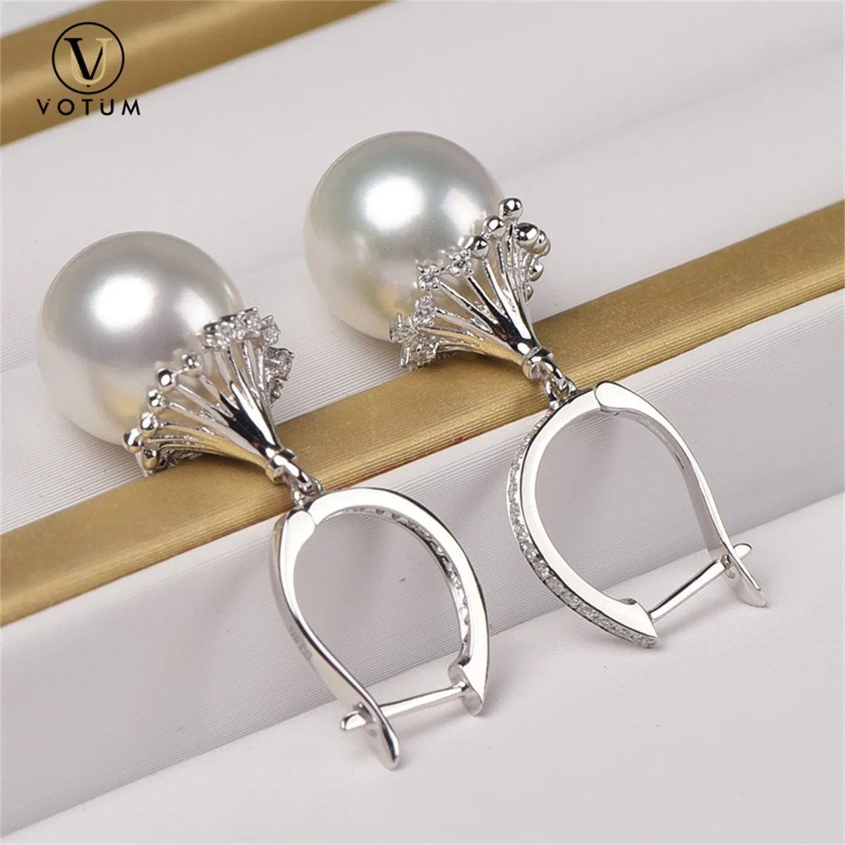 Votum OEM 18K Real Gold Diamonds Custom Seawater Pearl Hoop Eardrop Earring Wedding Jewelry